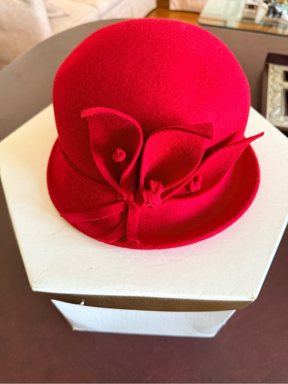 Red Felt Cloche Hat with Decorative Bow Accent